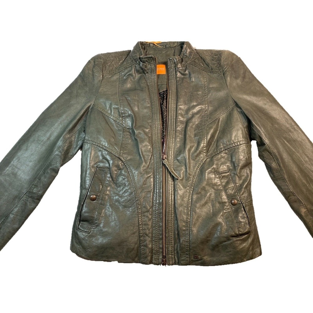 Hugo Boss Orange Woman's Janassa Brown Leather Zip Bomber Jacket Sz 2